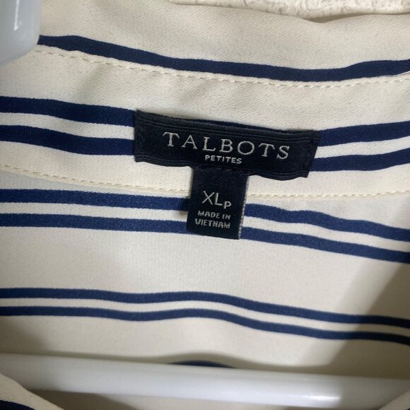 Talbots Petites XLP White & Navy Striped Button-Down Blouse Roll Tab Sleeves Car - Picture 2 of 9